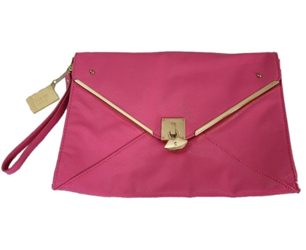 LULU Guinness Pink Envelope Clutch Bag with Gold Hardware - Neon - Wrist Strap